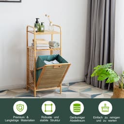 COSTWAY Badkamermeubel met schommelwasmand en 2 opbergplanken, afneembare Oxford-voering, voor woonkamer, keuken van bamboe en canvas (40,5 x 33 x 95,5 cm) — thumbnail 5