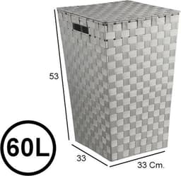 Wasmanden met deksel - 60 Liter - Geweven wasmand - Wasbox met optil deksel - Polypropyleen - Afm 33x33x53 Cm - Grijs — thumbnail 3