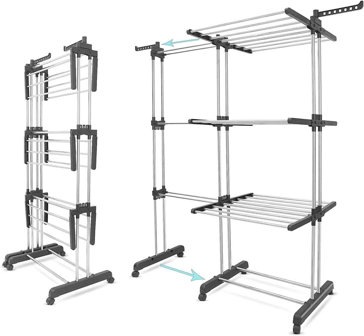 Droogrek - Wasrek - Wastoren - Dubbele H-Droogtoren op Wielen - 3-Tier - met 6 Inklapbare Vleugels - voor Binnen en Buiten - Grote Gezinnen - Uitschuifbaar - Lengte 73-140 x 50 x 170cm - Grijs — afbeelding 1