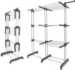 Droogrek - Wasrek - Wastoren - Dubbele H-Droogtoren op Wielen - 3-Tier - met 6 Inklapbare Vleugels - voor Binnen en Buiten - Grote Gezinnen - Uitschuifbaar - Lengte 73-140 x 50 x 170cm - Grijs — thumbnail 1