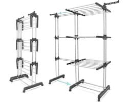 Droogrek - Wasrek - Wastoren - Dubbele H-Droogtoren op Wielen - 3-Tier - met 6 Inklapbare Vleugels - voor Binnen en Buiten - Grote Gezinnen - Uitschuifbaar - Lengte 73-140 x 50 x 170cm - Grijs