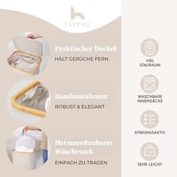 HENNEZ Wasmand met deksel van 100L opvouwbaar met bamboe frame - inclusief waszak - beige — thumbnail 5