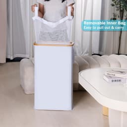 Wasmand 63 liter - Opvouwbare wasmand met deksel - Wit met bamboe handgrepen — thumbnail 2