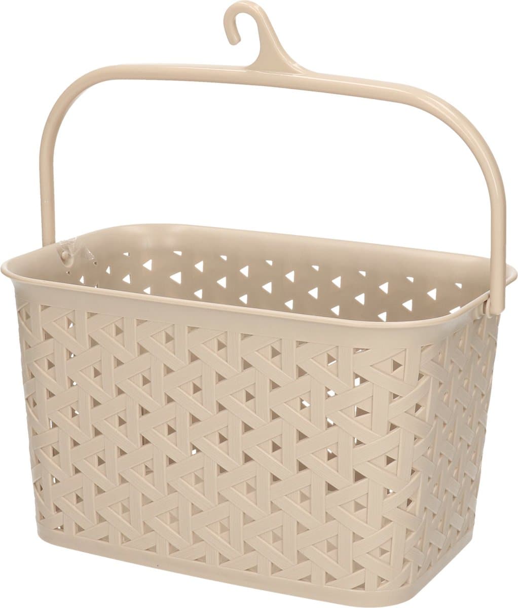 Plasticforte Wasknijpers ophang mandje aan haak - 23 x 17 x 13 cm - beige - gevlochten kunststof — afbeelding 1