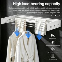 Waslijn Van 80 Cm Voor Wandmontage Met 6 Haken Aluminium Waslijn Voor Balkon Badkamer Of Radiator Onzichtbaar En Ruimtebesparend Draagvermogen Tot 30 Kg wit — thumbnail 5