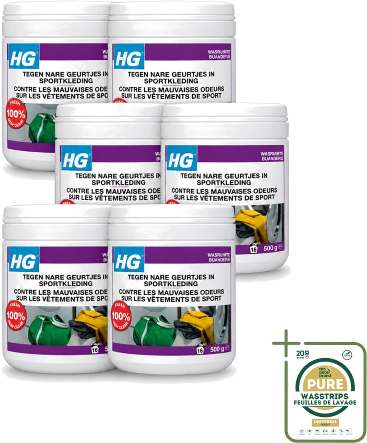 6 x HG - Wasruimte - Tegen Nare Geurtjes In Sportkleding - Wasmiddeltoevoeging - 500 g - Geurverwijdering Sportkleding - Stankmoleculen Verwijderen - Wasmiddel Toevoeging - Sportkleding Geur - Handdoek Geur — afbeelding 1