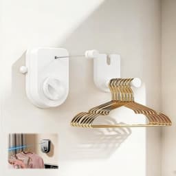 Waslijn, uittrekbaar, 4,2 m waslijn, wandmontage waslijn, intrekbaar, niet doorhangend roestvrij staal, ruimtebesparend voor badkamer, balkon en camper, handdoekdroger, montage zonder boren, wit — thumbnail 1