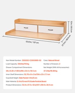 VEVOR Wasmachine en Droger Werkblad met Plank, 137x69,9 cm Houten Wassermachine en Droger Boven, met 2 Laden en 2 Haakjes, Wasmachine Boven voor Waskast, Kroketkast en Werkblad Organisatie & Opslag, Burlywood — thumbnail 2