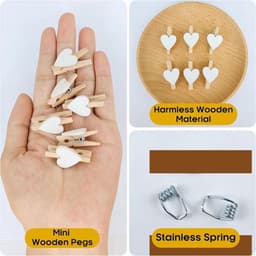 Mini-wasknijpers - decoratie - polaroid - bruiloft - houten knijpers - doe-het-zelf - fotowand - display - feest - wit - 120 stuks met hartjes design, inclusief 10 m jute koord voor foto's. — thumbnail 5