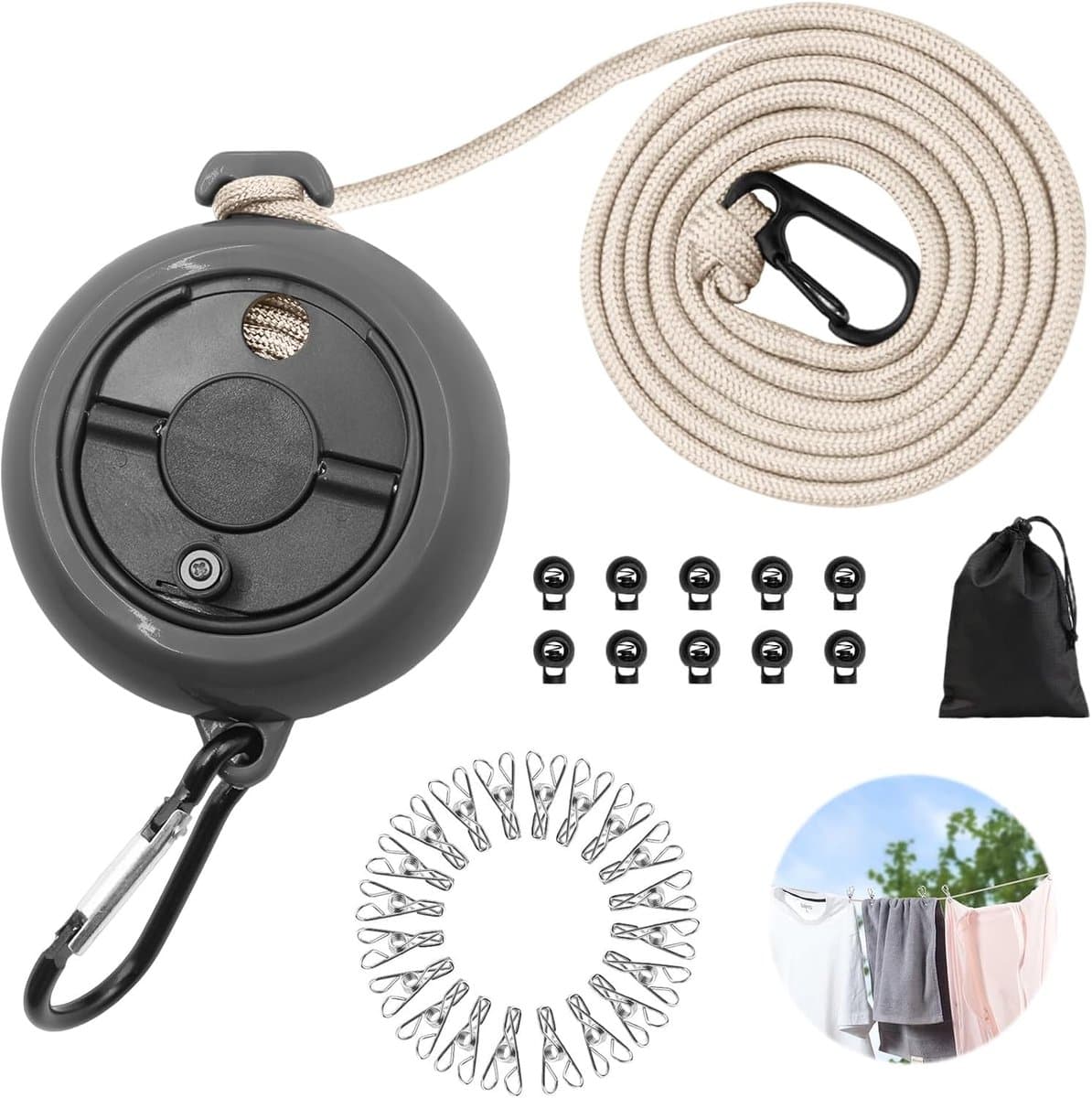 Waslijn, uittrekbaar, 10 m, draagbare campingwaslijn, outdoor, reizen, antislip, waslijn voor kamperen, wandelen, badkamer, bijkeuken, hotel, tuin, balkon, ster, zwart — afbeelding 1