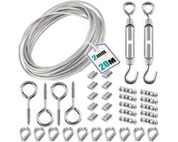 SnelShoppen - 304 RVS Kabel Set 20 m x 2 mm, 10 Aluminium Klemmen, 10 Kabelbinders, 2 Verstelbare Haakjes, Perfect voor Waslijn en Doe-Het-Zelf Projec