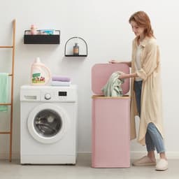 Wasmand van 100 liter met deksel, wasmand met bamboe handgrepen en 1 afneembare tas, grote opvouwbare wasmand voor slaapkamer, badkamer, slaapzaal, wasruimte, roze — thumbnail 3