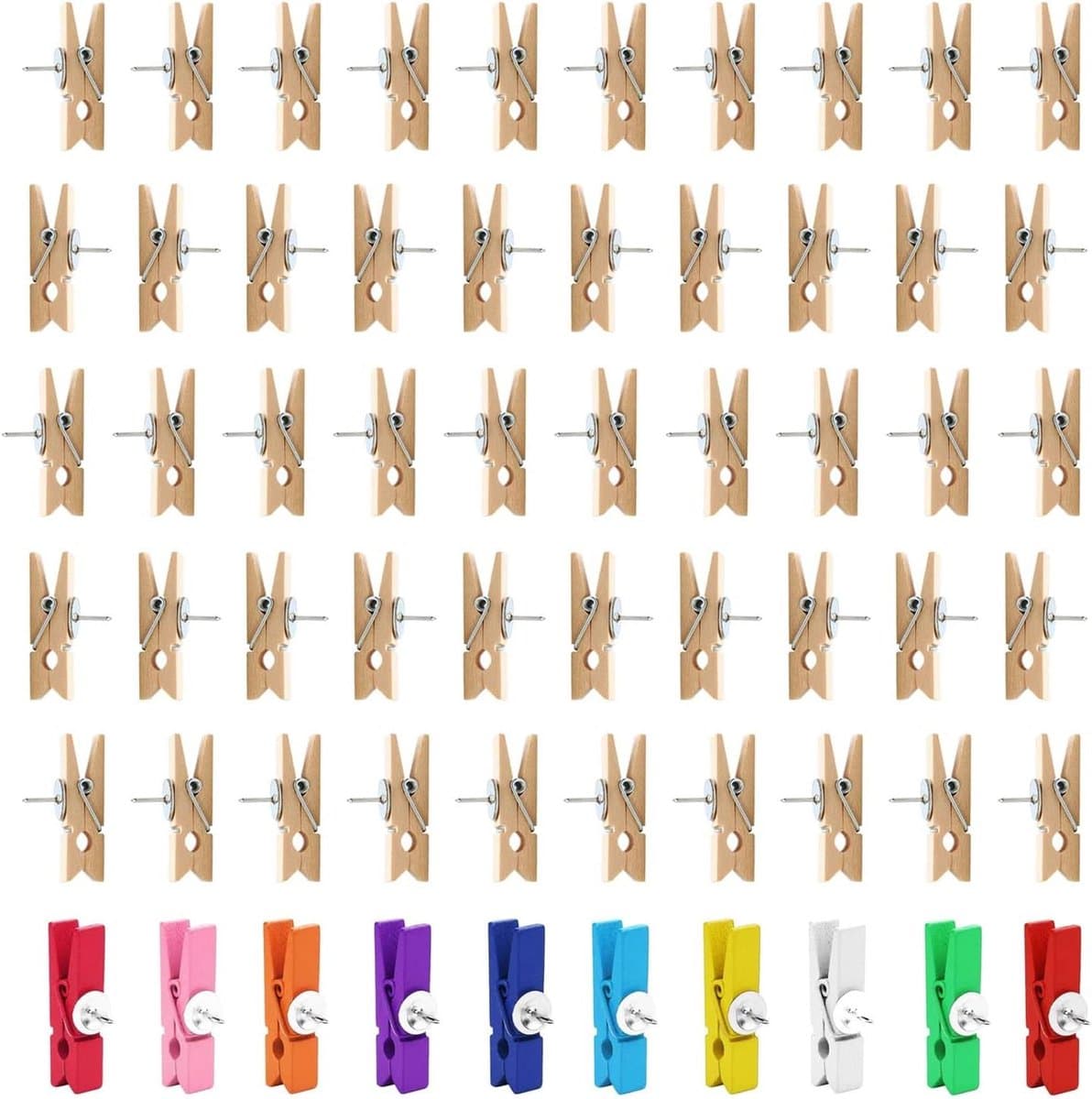 Houten Clips met Spelden - Fotoclips Decoratie Clips - Foto's Ophangen - Combinatie Clip en Speld - 60 stuks — afbeelding 1