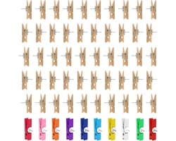 Houten Clips met Spelden - Fotoclips Decoratie Clips - Foto's Ophangen - Combinatie Clip en Speld - 60 stuks