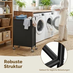 SAYS 80L slanke wasmand met wielen, stoffen rollende wasmand, smalle kledingorganizer, hoge mand voor kast, wasruimte, badkamer, zwart — thumbnail 3