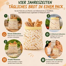Herbruikbare bijenwas broodzakken - Set van 2, groot 43 x 33 cm, natuurlijk conserveren van brood en bakwaren, milieuvriendelijk en duurzaam — thumbnail 3