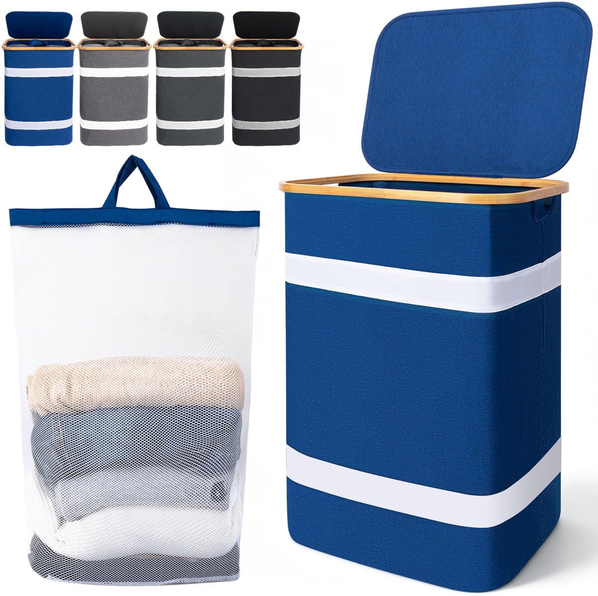 Soontrans - Wasmand - Wassorteerder met Deksel - 44x34x70cm - Uitneembare Waszakken - Bamboe-lijst - Afneembaar - 102L - Blauw — afbeelding 1