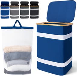 Soontrans - Wasmand - Wassorteerder met Deksel - 44x34x70cm - Uitneembare Waszakken - Bamboe-lijst - Afneembaar - 102L - Blauw — thumbnail 1