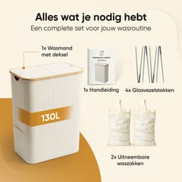 Rivoya Wasmand 2 Vakken - Wassorteerder - 130L - Met 2 Uitneembare Zakken - Wasmand met deksel - Laundry basket - Waszak - Beige - Knopen — thumbnail 5