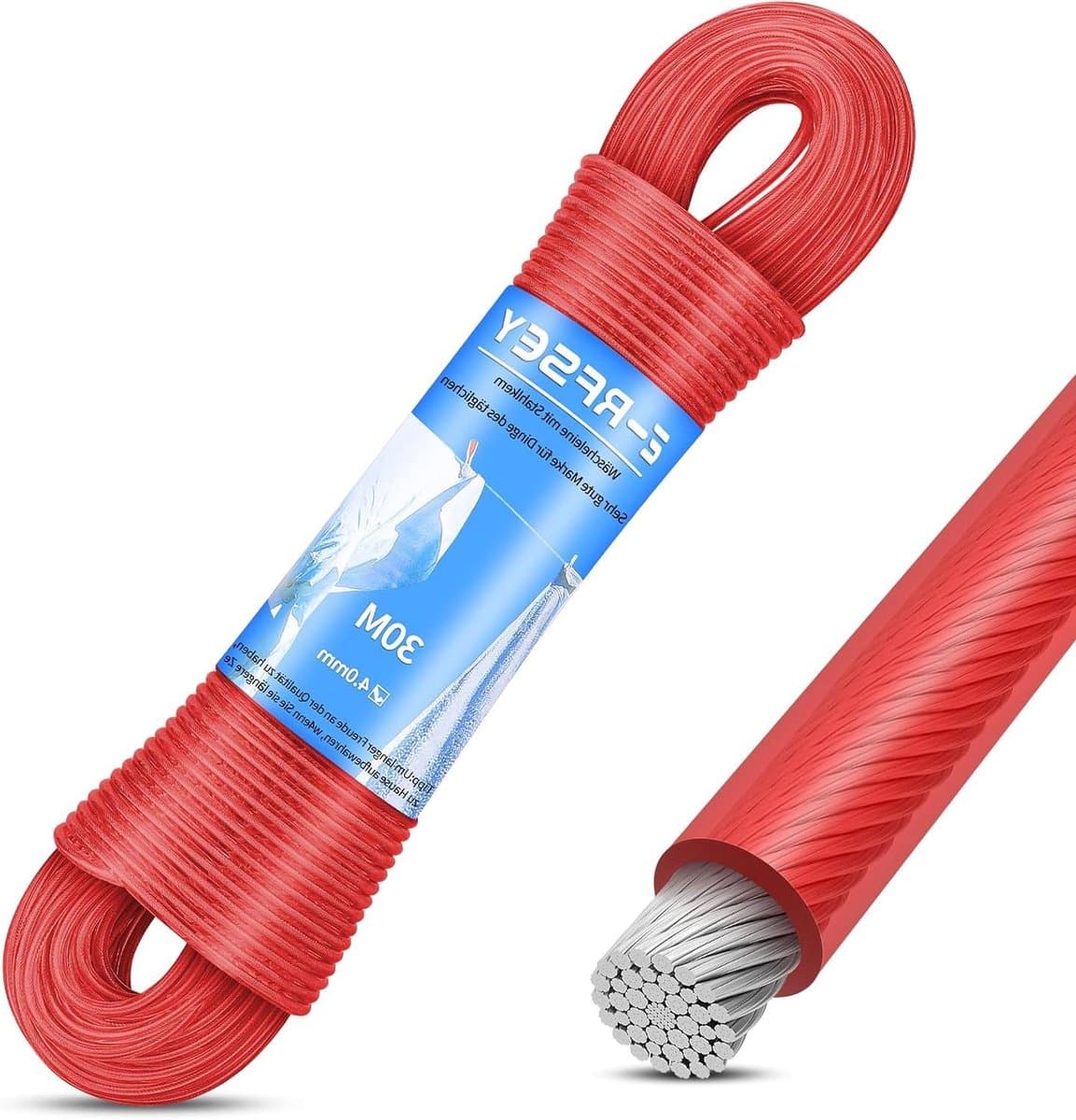 Waslijn met staalkern - Tuinkabel drooglijn - Buiten wassen drogen - Extra sterk 220kg - 30 meter 4mm - Rood — afbeelding 1