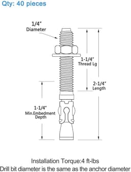 Wiganker Verzinkt - Betonanker Zwaar - Zware Bevestigingen - Torsie-gecontroleerd - 1/4" x 2-1/4" 40 Stuks - Verzinkt — thumbnail 5