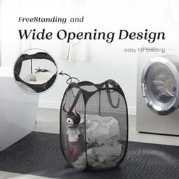 Wasmand - 2 stuks - Opvouwbare wasmand – Pop-up wasmand - Inklapbare pop-up wasmand van gaas - Voorzien van stevige handgrepen en zijvak - Draagbare, opvouwbare mand voor studentenkamers, badkamers en op reis - Zwart — thumbnail 2