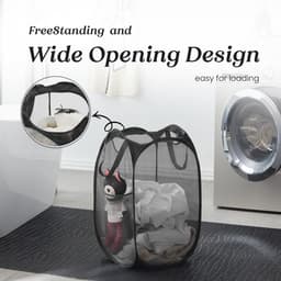 Wasmand - 1 stuk - Opvouwbare wasmand – Pop-up wasmand - Inklapbare pop-up wasmand van gaas - Voorzien van stevige handgrepen en zijvak - Draagbare, opvouwbare mand voor studentenkamers, badkamers en op reis - Zwart — thumbnail 4