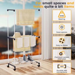 Klein vrijstaand handdoekrek - ruimtebesparende wasdroger met wielen - 3 niveaus - voor badkamers, woningen en bijkeukens folding wall laundry rack — thumbnail 3
