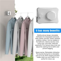 Uittrekbare waslijn 51 m intrekbare waslijn uittrekbaar- wandmontage waslijn- wasrek roestvrijstalen kabel- opslaggewicht 20 kg- voorkomt doorhangen (wit) — thumbnail 3