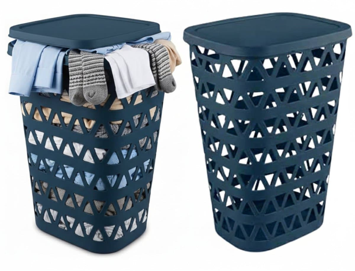 Curver Wasmand met deksel - 2x - ventilatiegaatjes - blauw - kunststof - 55 ltr - 42 x 34 x 60 cm — afbeelding 1