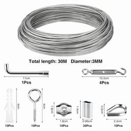 3mm Roestvrij Staal Draadseil 30m - PVC-Ommanteld met Ogen - Kabelspanner en Kabelklem - Voor Gordijnkoord, Waslijn en Tentkoord — thumbnail 3