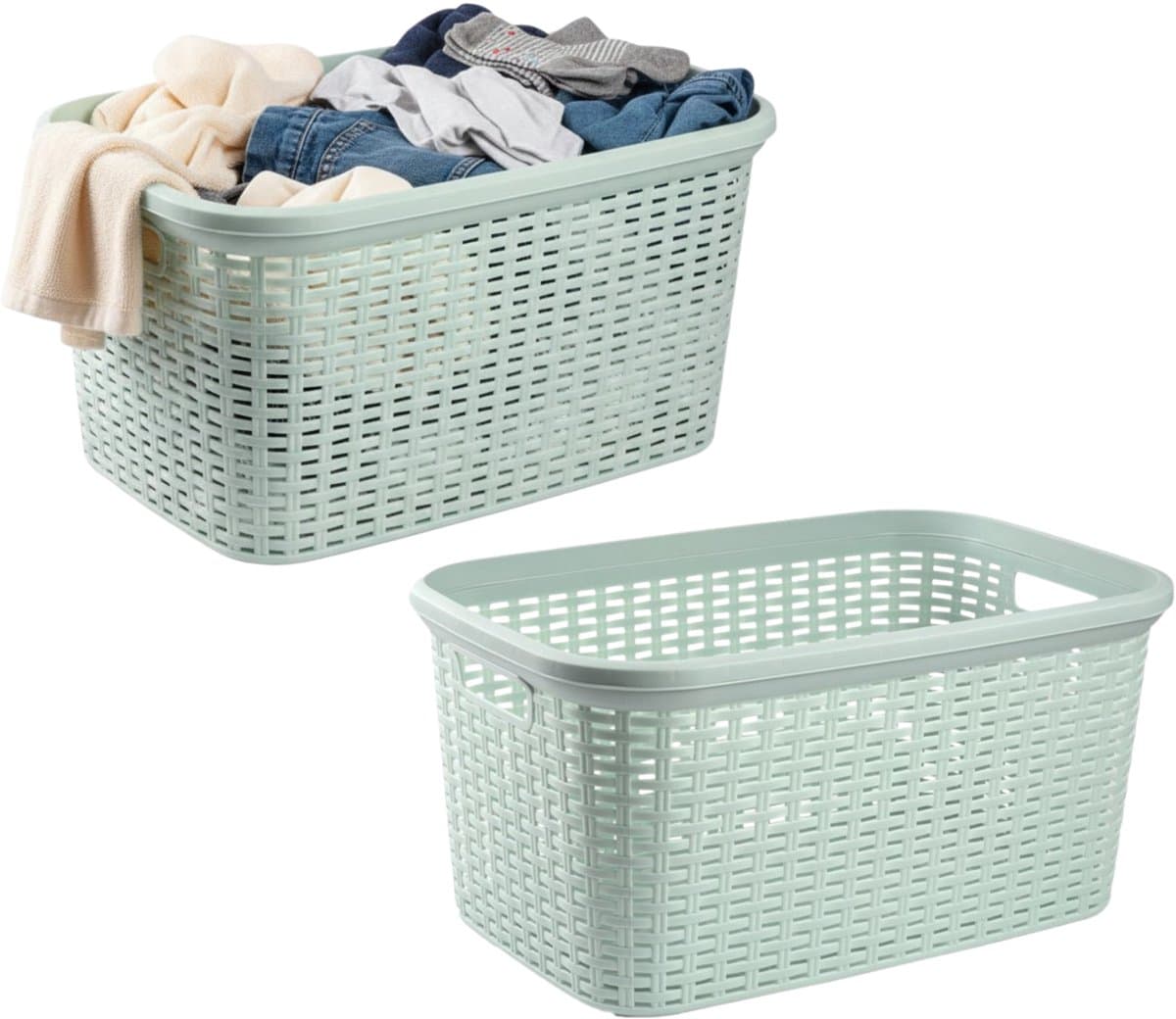 Excellent Houseware Wasmand - 2x - 35 liter - rotan - lichtgroen - kunststof - 53 x 36 x 26 cm — afbeelding 1