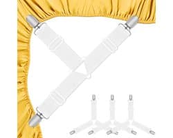 Bevestigingsbanden voor hoeslakens, 4-delige witte set, verstelbare elastische banden met metalen clips, geschikt voor lakens, matrashoezen en bankkussens.