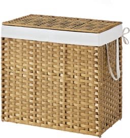 SONGMICS - Wasmand - Wasmand met 2 Vakken - Opvouwbare Rattan Mand met Deksel en Handgrepen - Uitneembare Waszak — thumbnail 1