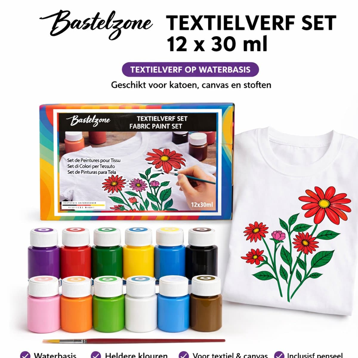 Bastelzone Textielverf Set - 12 kleuren, 30 ml per flesje - Machinewasbaar — afbeelding 1