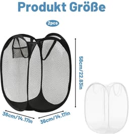 2 opvouwbare wasmanden, grote opvouwbare wasmand, inklapbare wasmand voor op de camping, draagbare waszak, zwart en wit (36 x 36 x 58 cm) — thumbnail 4