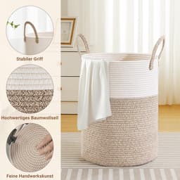 Wasmand, opbergmand, geweven mand, grote ronde wasmand van 72 liter met katoenen handvatten voor de kinderkamer, mand voor dekens en speelgoed voor de woonkamer of wasruimte, bruin en wit — thumbnail 4