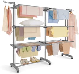 Wasdroger – 4-laags – Op wielen – Inklapbaar – Duifgrijs – Voor binnen- en buitengebruik – 63,5 x 128 x 173 cm — thumbnail 1