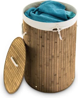wasmand bamboe - 70 l - opvouwbaar - met deksel en katoenen waszak - Ø 41 cm - natuur — thumbnail 2
