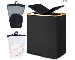 RFWR® Dubbele wasmand 140 l met deksel en 2 vakken - Grote wasverzamelaar voor het gehele gezin