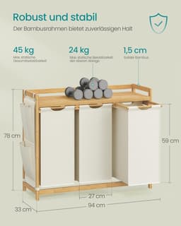 Furnstar wasmand - 3 vakken - Bamboe - Wasverzamelaar 150 l - Wassorteerder met plank -Waszak - Kleine zijzakken - 3 x 50 l 94 x 33 x 78 cm - Crèmewit — thumbnail 2