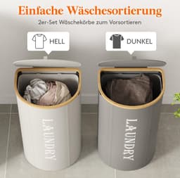 2-delige Wasmandenset - Met Deksel - 170 Liter - Grijs en Zilvergrijs — thumbnail 3