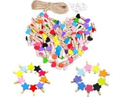 150 Stuks Mini Houten Klemmetjes (Hart, Ster, Bloem) met Jute Touw - Decoratie Clips voor Foto's en Kaarten
