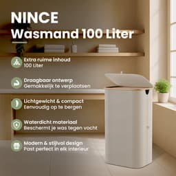 Nince Wasmand - 1 Vak - 100L - Met Deksel - Wassorteerder - Uitneembare Waszakken - Bamboe - Opvouwbaar - Beige — thumbnail 2