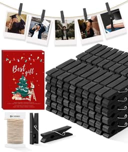 100 Stuks Mini Houten Wasknijpers Zwart en Gekleurd voor Foto's en Knutselen met Jute Touw — thumbnail 1