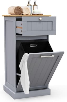 GIANTEX Waskast met lade en uittrekbare wasmand, houten kast voor vuile kleding, 40 x 37 x 82 cm, opbergmeubel voor badkamer, waskeuken (grijs) — thumbnail 1