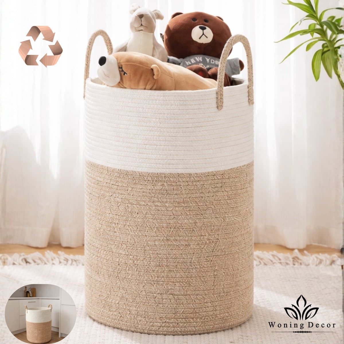 Wasmand 100L XXL – Katoenen Wasmand – Opbergmand – Wassorteerder – Beige/Wit — afbeelding 1