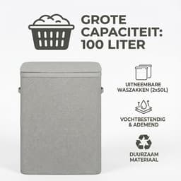 MAZAZU Wasmand met 2 Vakken - 100 Liter - Wassorteerder met Deksel - Uitneembare Waszakken - Lichtgrijs - Opvouwbare Wasbox voor Badkamer & Slaapkamer - 56×40×67 cm — thumbnail 4