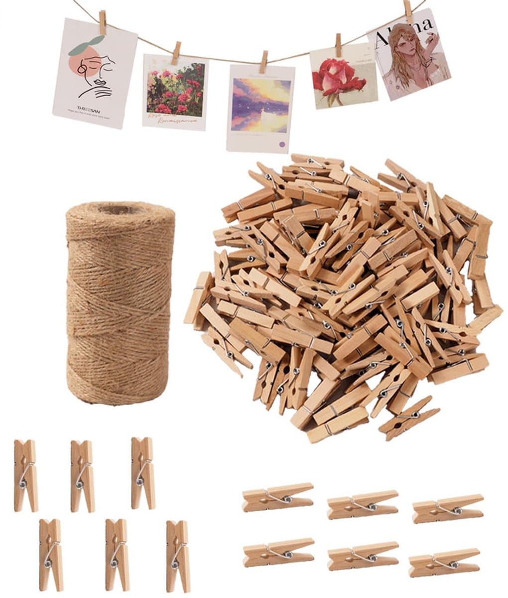 ‌JeiibrZui Jute Koord 100 M - Houten Wasknijpers - Fototouw Met Clips Voor DIY Decoratie - 10 Stuk - Natuurlijke Kleuren — afbeelding 1