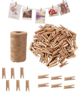 ‌JeiibrZui Jute Koord 100 M - Houten Wasknijpers - Fototouw Met Clips Voor DIY Decoratie - 10 Stuk - Natuurlijke Kleuren — thumbnail 1